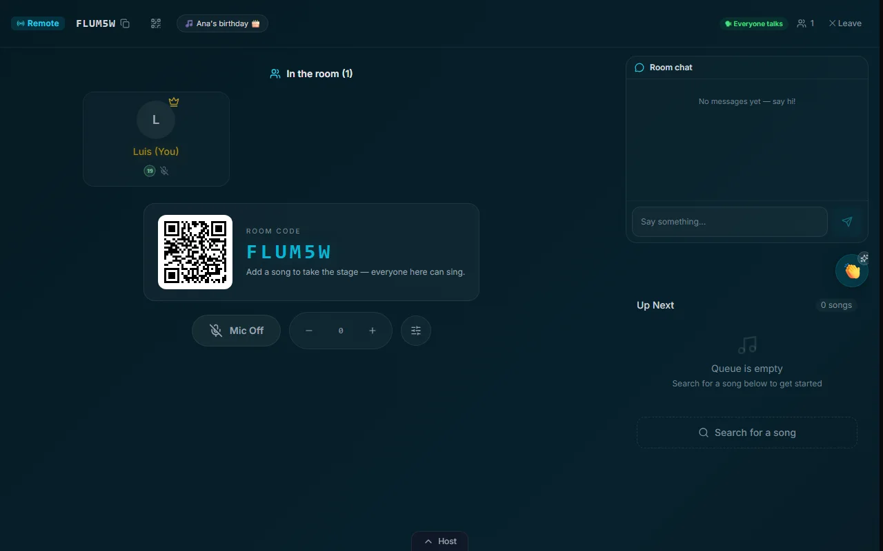A Remote room with nothing playing: the topic pill, the guest grid, a QR code with the room code FLUM5W, and the line Add a song to take the stage — everyone here can sing