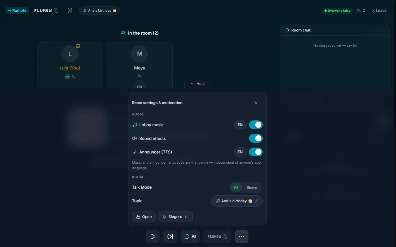 The Room settings & moderation sheet: Audio section with Lobby music (EN), Sound effects and Announcer (EN) toggles; Room section with Talk Mode All / Singer and the topic Ana's birthday