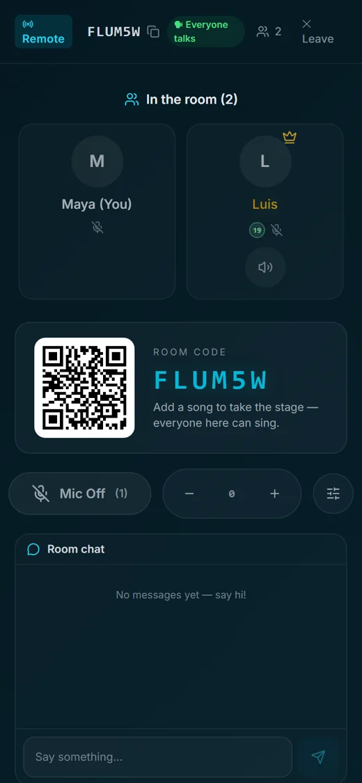 Phone view of the Remote room after joining: In the room (2) with Luis and Maya, the mic button, room chat, Up Next and Search for a song
