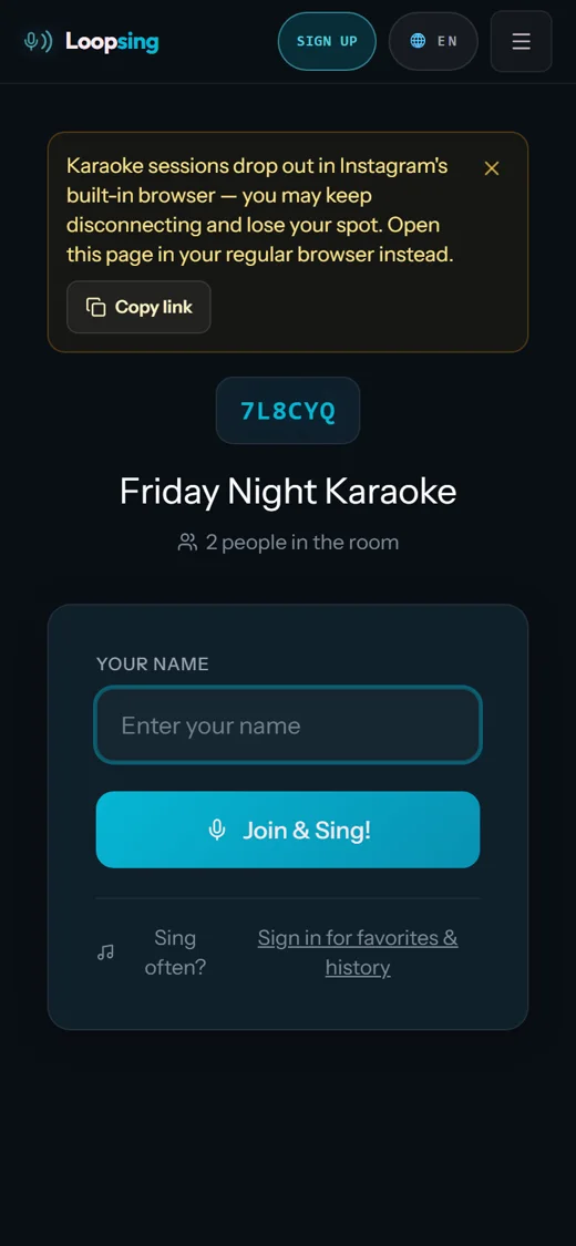 Phone screen on the join page inside Instagram's browser: an amber banner warns that karaoke sessions drop out in Instagram's built-in browser and offers a Copy link button