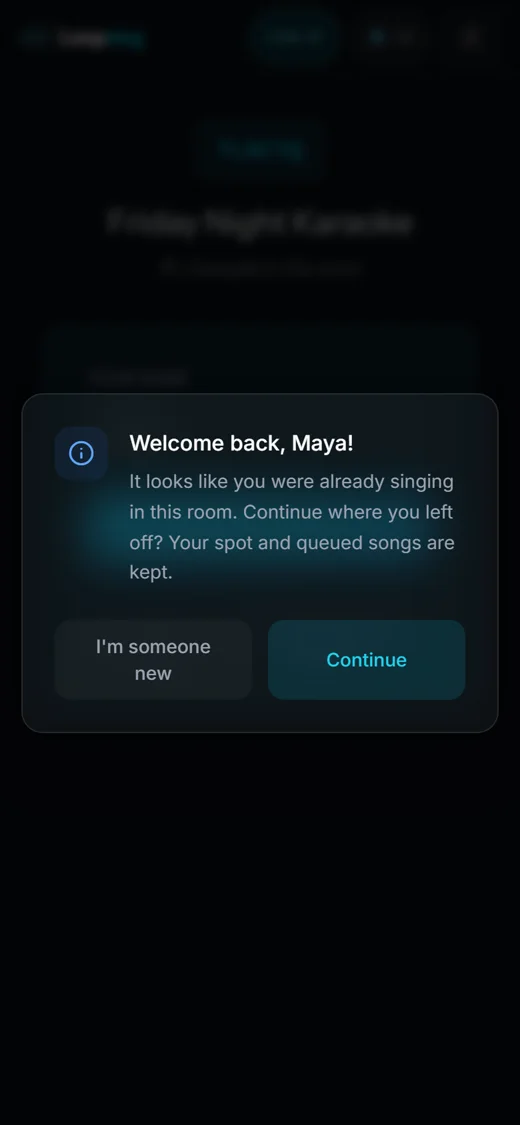 Phone screen on the join page with the dialog Welcome back, Maya! It looks like you were already singing in this room. Continue where you left off? — with I'm someone new and Continue buttons