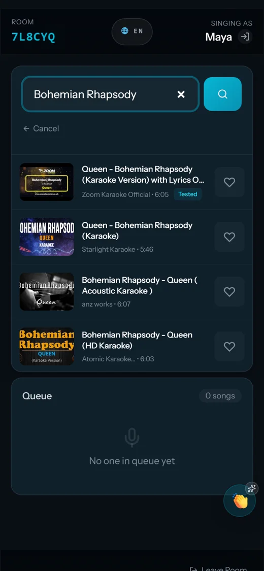Handy-Bildschirm: die Suche nach Bohemian Rhapsody zeigt Karaoke-Versionen mehrerer Kanäle, die erste als Getestet markiert